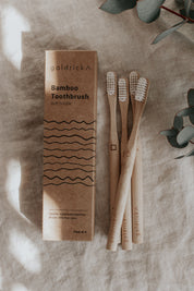 The Every Space box of 4 Bamboo Toothbrushes with soft waveform bristles by Goldrick