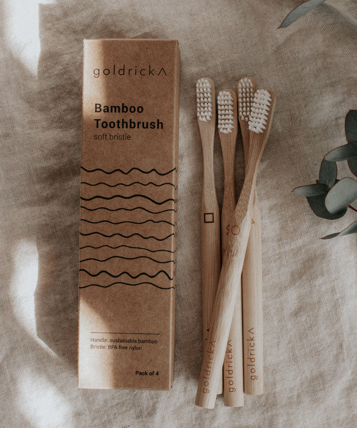 The Every Space box of 4 Bamboo Toothbrushes with soft waveform bristles by Goldrick