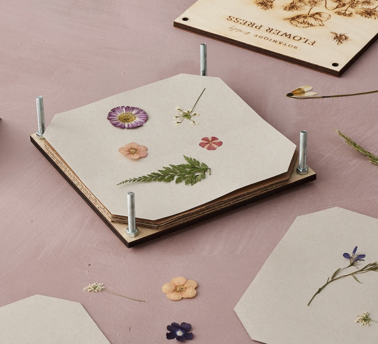 The Every Space wooden Flower Press for pressing fresh flowers to create dried flower decorations by Botanique Workshop