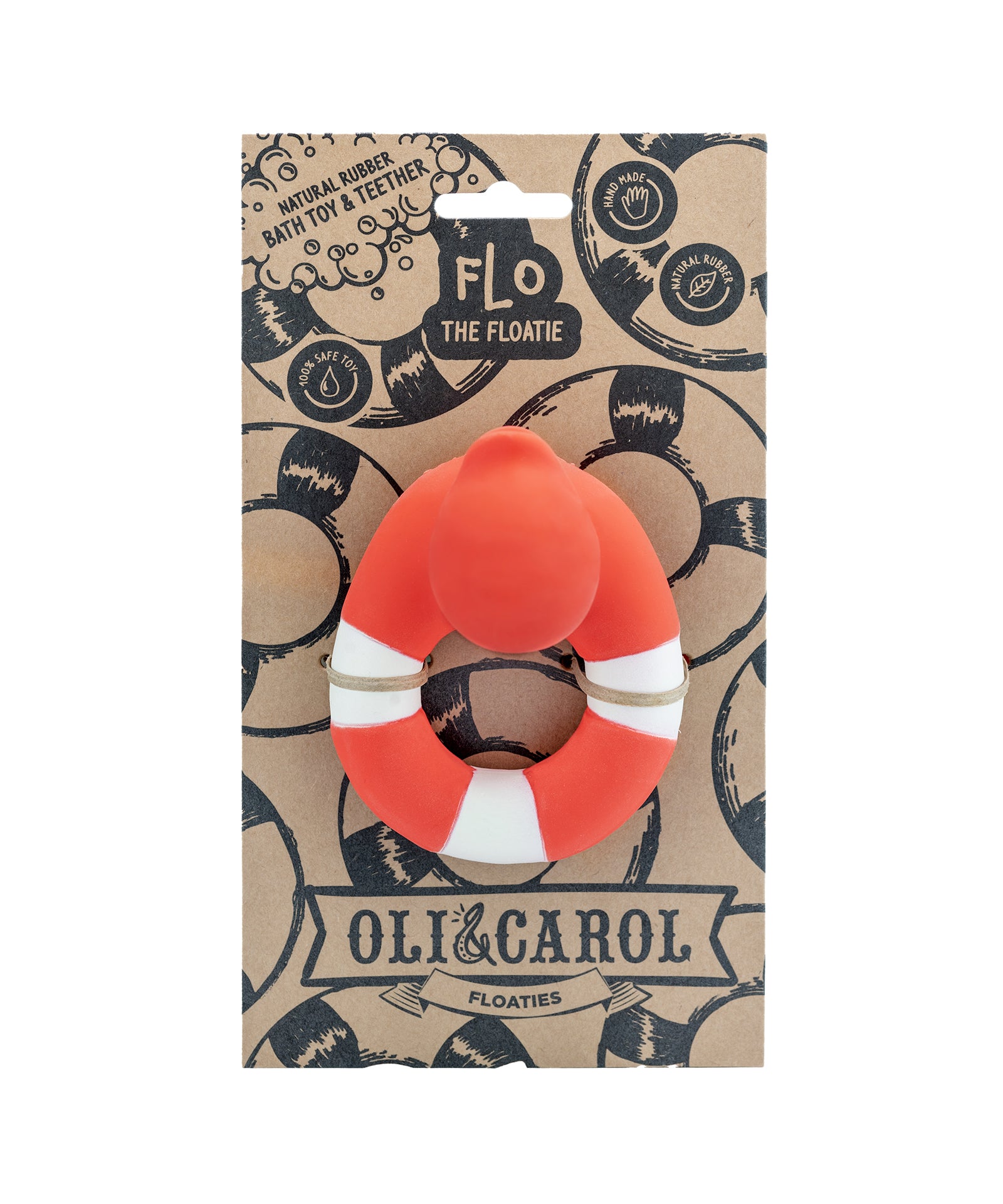 The Every Space natural rubber Flo the Floatie baby bath toy and teether in bright orange by Oli & Carol