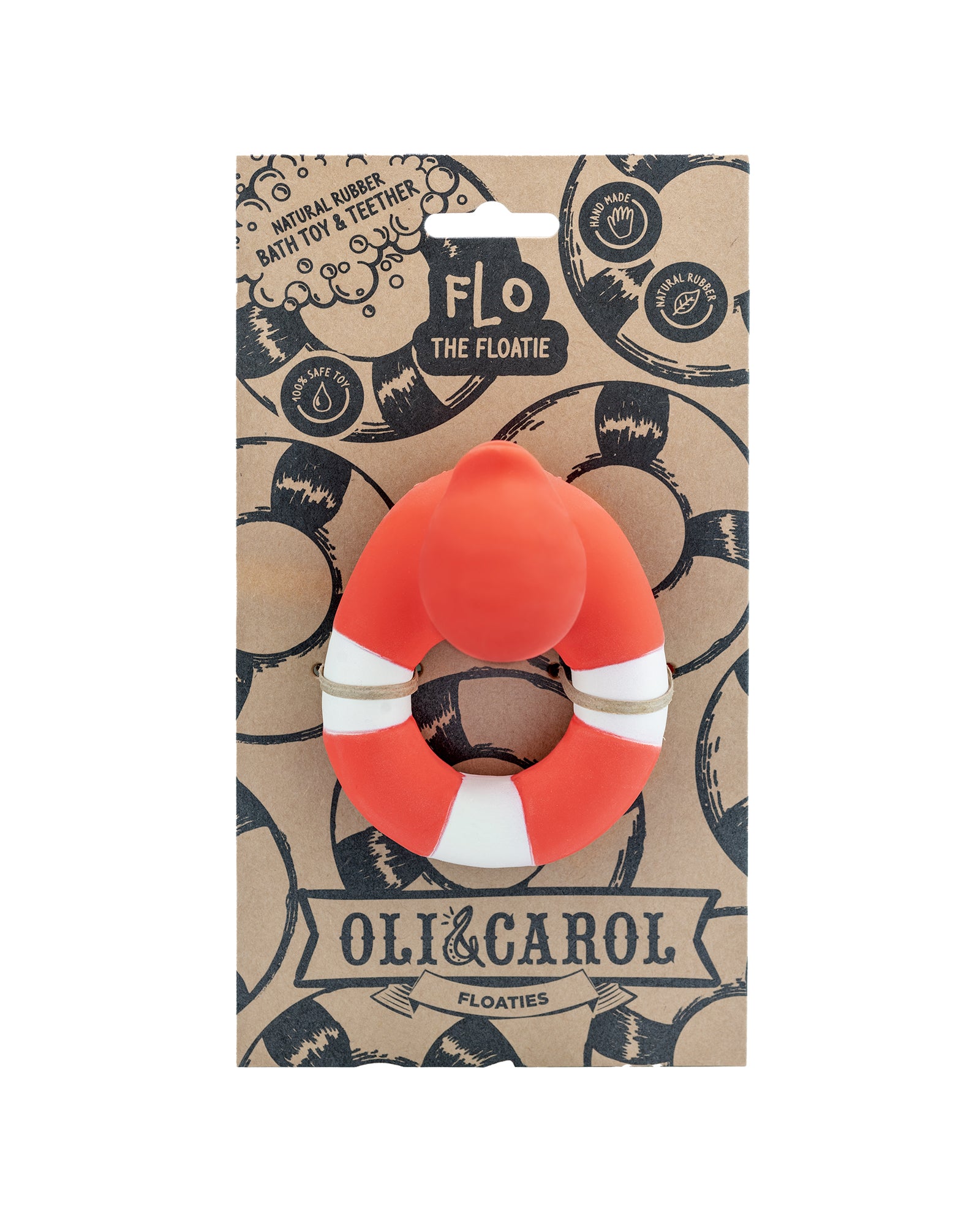 The Every Space natural rubber Flo the Floatie baby bath toy and teether in bright orange by Oli & Carol