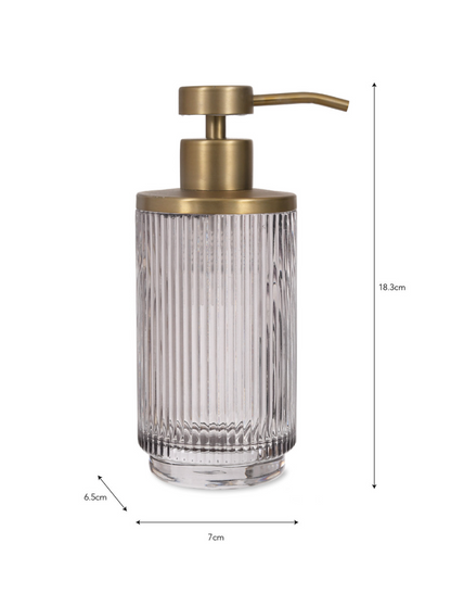 The Every Space Adelphi Soap Dispenser with smoked glass body and brass details by Garden Trading Co.