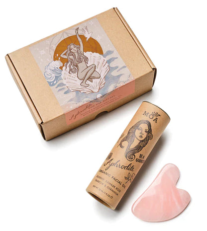 The Every Space Aphrodite Gua Sha Gift Set containing a gua sha tool and Aphrodite Facial Oil in a gift box by MOA
