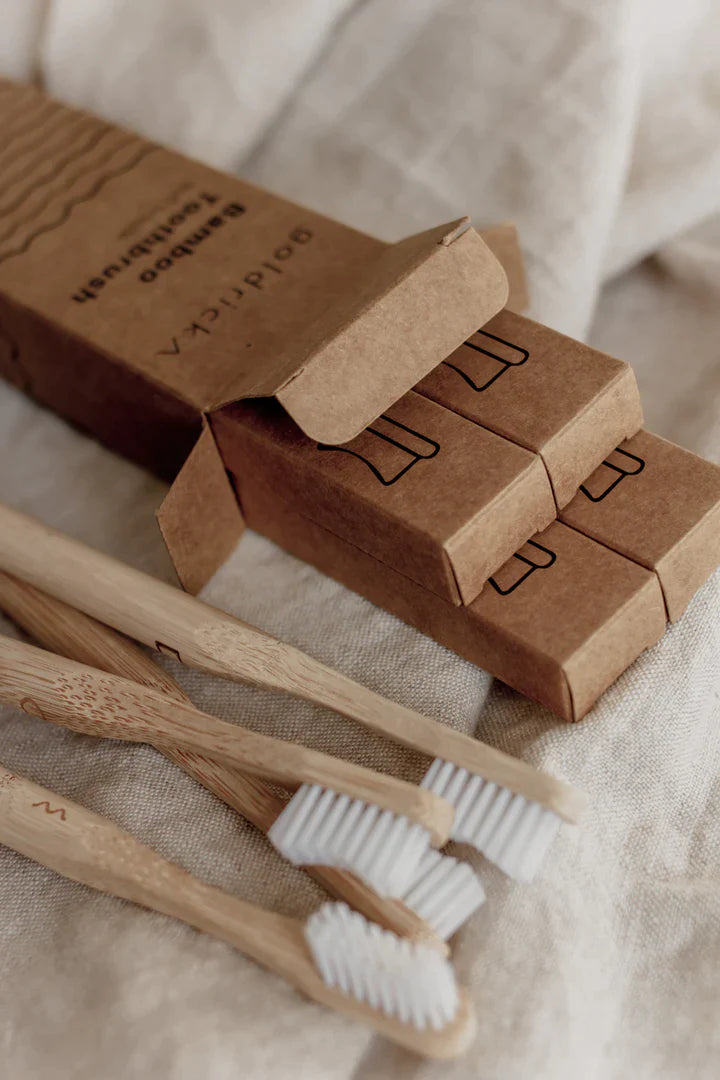 The Every Space box of 4 Bamboo Toothbrushes with soft waveform bristles by Goldrick