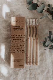 The Every Space box of 4 Bamboo Toothbrushes with soft waveform bristles by Goldrick