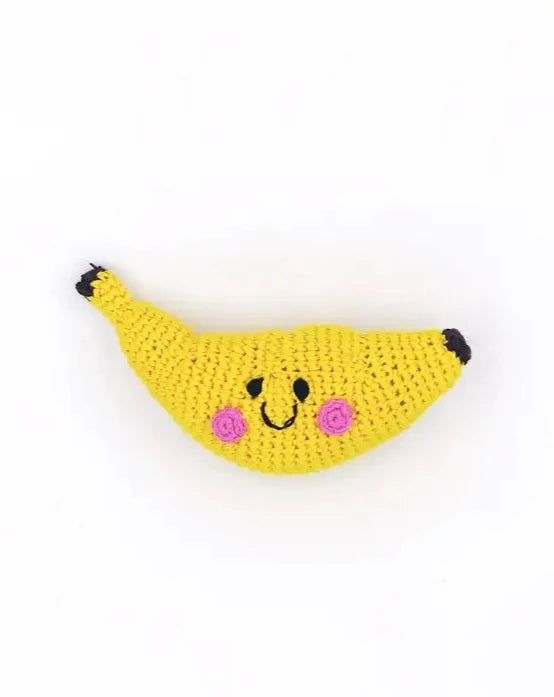 The Every Space handmade new baby yellow Banana Rattle crocheted in organic cotton with polyester fill by Pebble Child