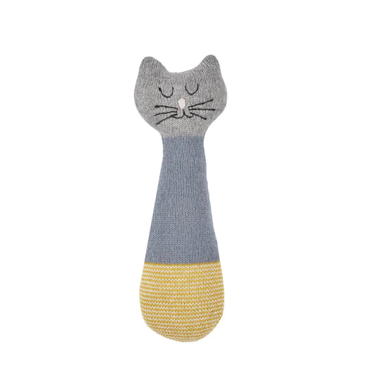 Cat Cotton Knit Baby Rattle in Blue