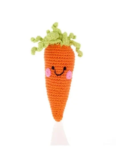 The Every Space handmade new baby orange Carrot Rattle crocheted in organic cotton with polyester fill by Pebble Child
