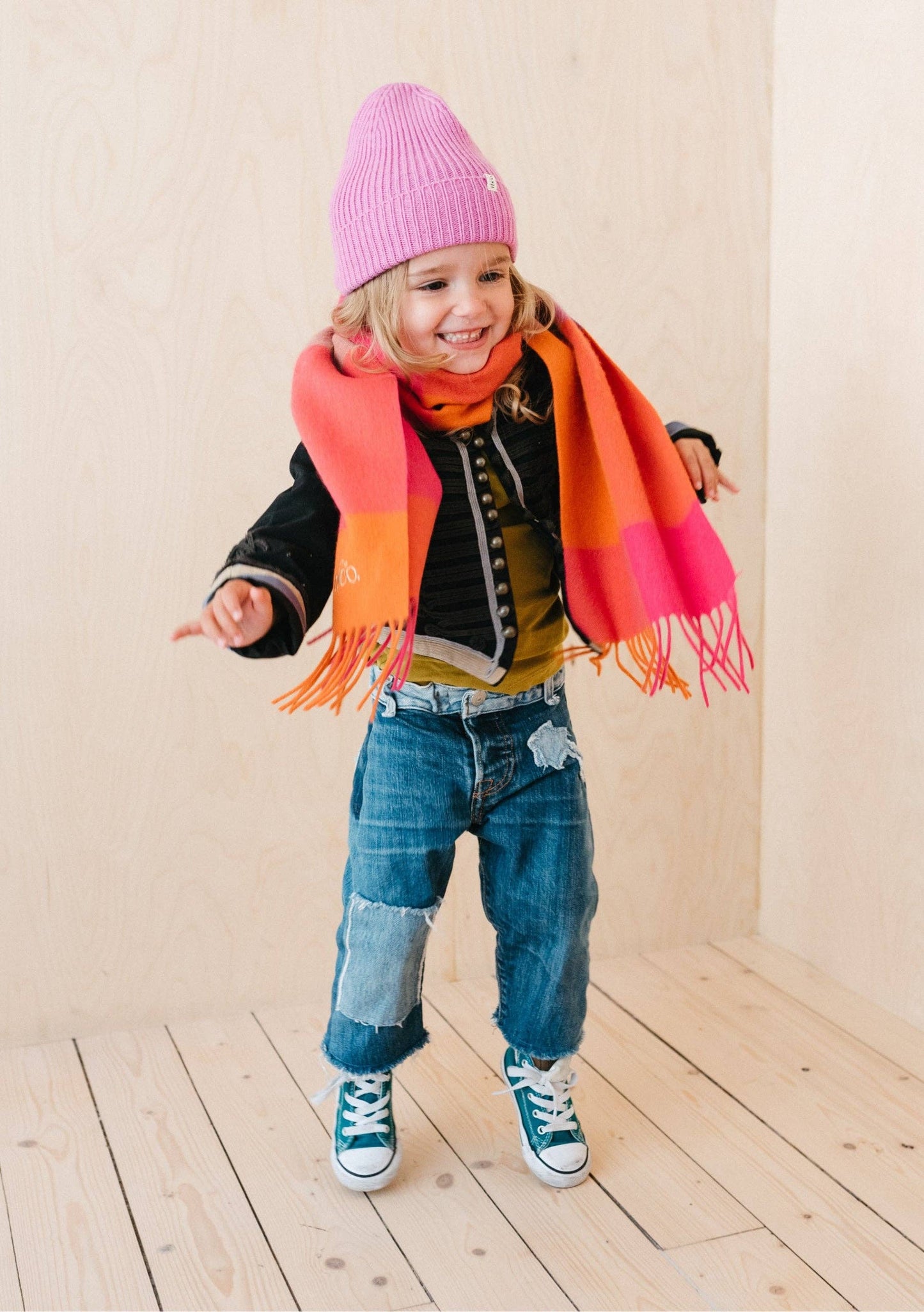 Lambswool Kids Scarf in Pink Grid Check
