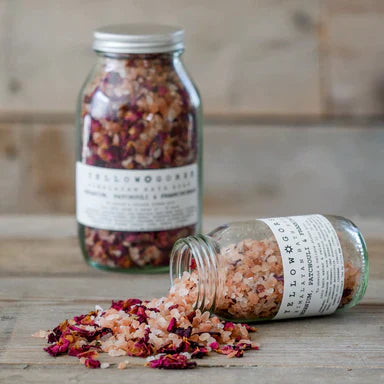 The Every Space glass jar of De-Stress Himalayan Bath Soak with Geranium, Patchouli, Lavender, Frankincense and Himalayan Salts by Yellow Gorse