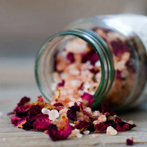 The Every Space glass jar of De-Stress Himalayan Bath Soak with Geranium, Patchouli, Lavender, Frankincense and Himalayan Salts by Yellow Gorse