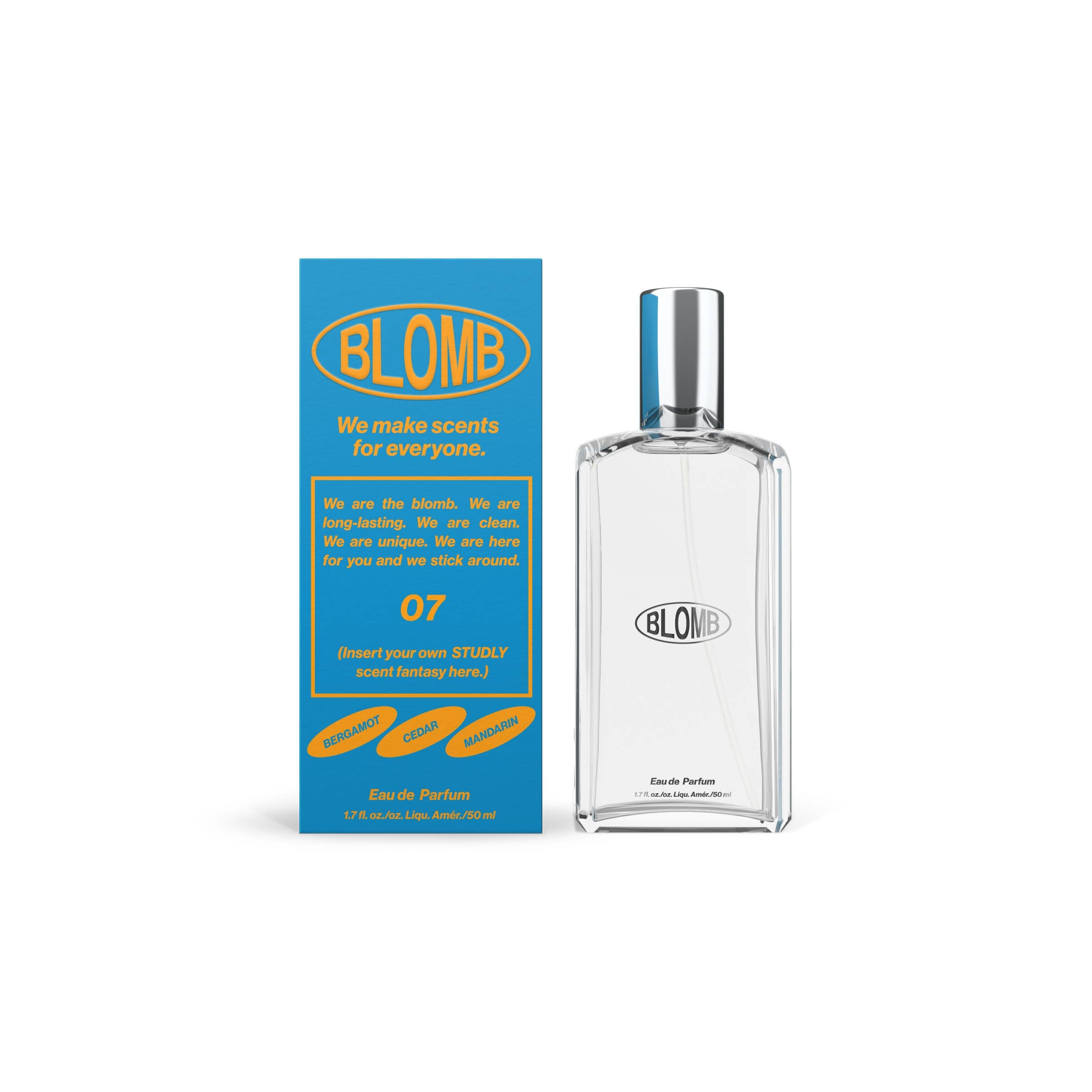 50ml Eau de Parfum bottle by Blomb, with a blue and yellow box packaging behind it. The bottle is clear with a silver cap.