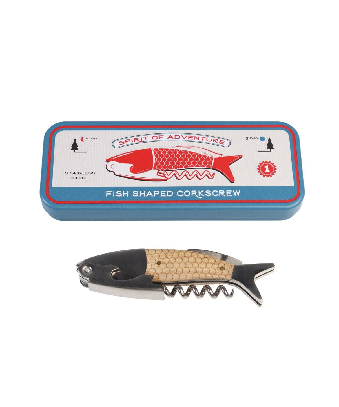 The Every Space novelty Fish Shaped Corkscrew and bottle opener in a gift tin by Rex London