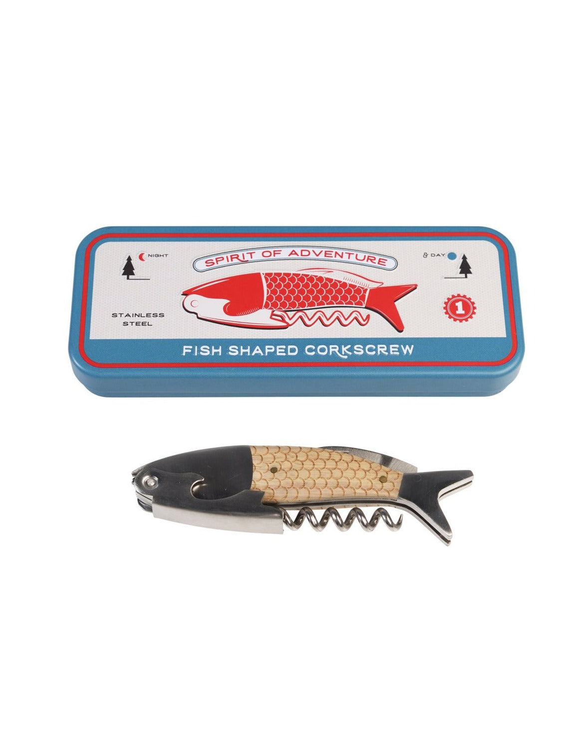 The Every Space novelty Fish Shaped Corkscrew and bottle opener in a gift tin by Rex London