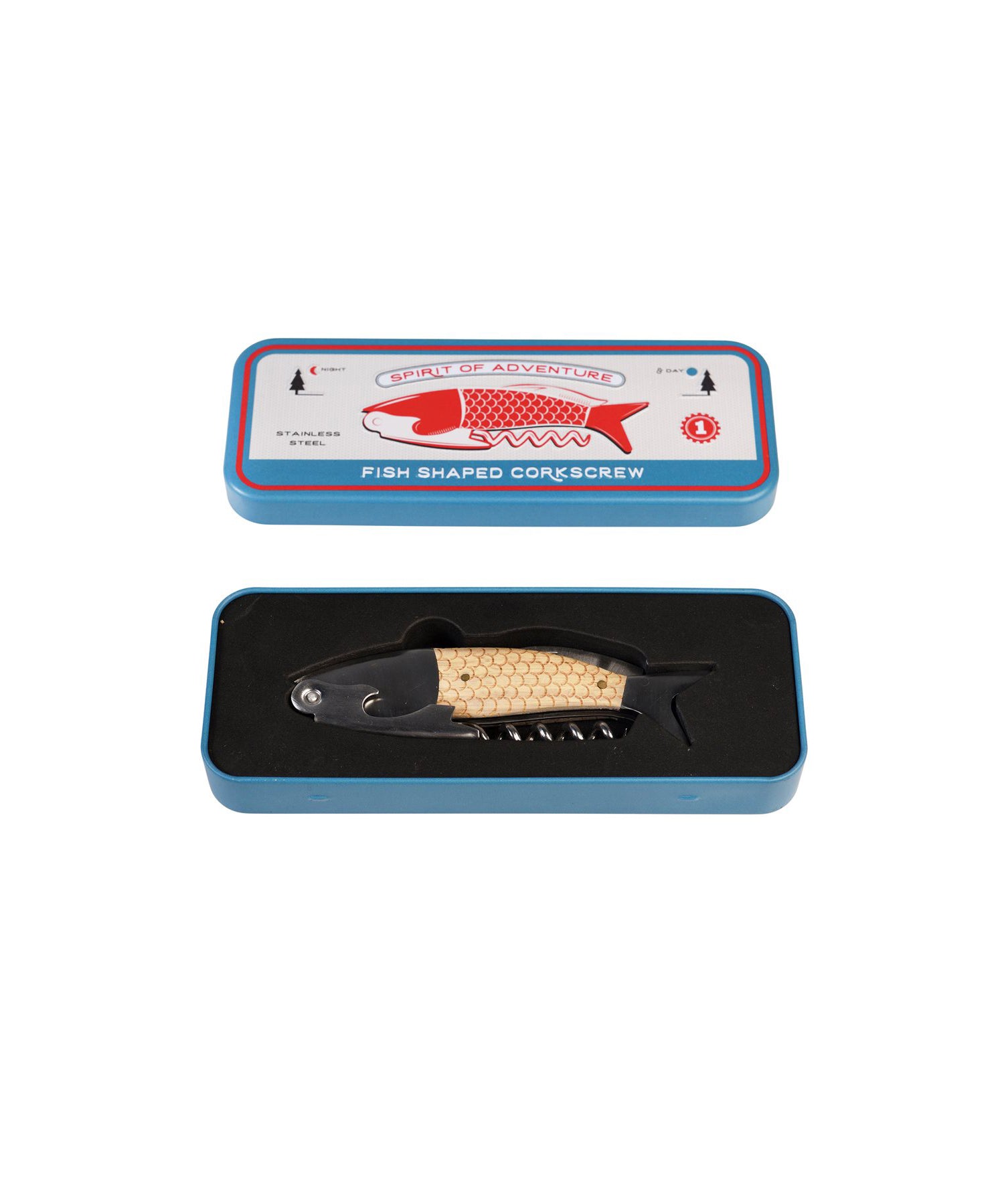 The Every Space novelty Fish Shaped Corkscrew and bottle opener in a gift tin by Rex London