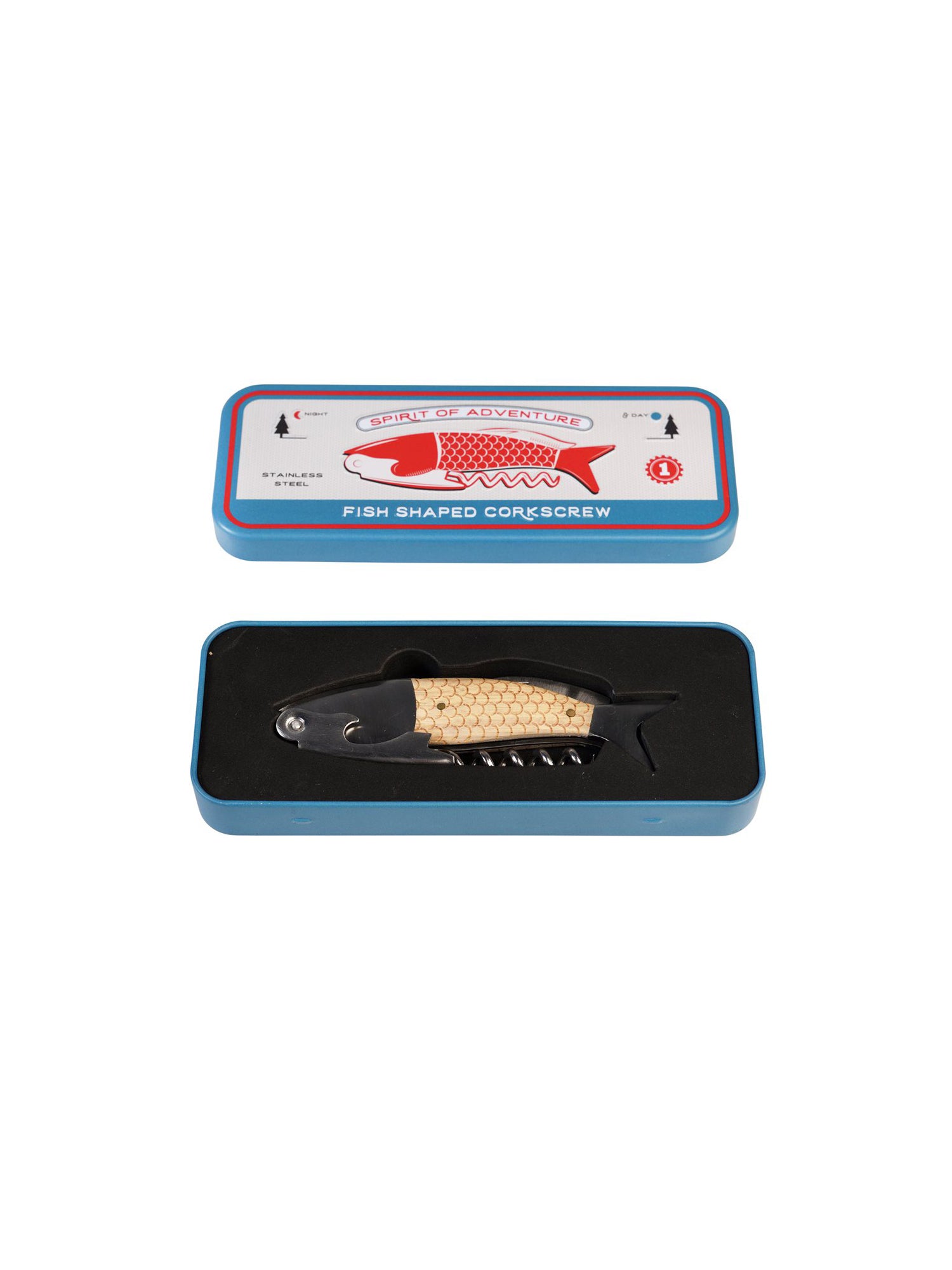 The Every Space novelty Fish Shaped Corkscrew and bottle opener in a gift tin by Rex London