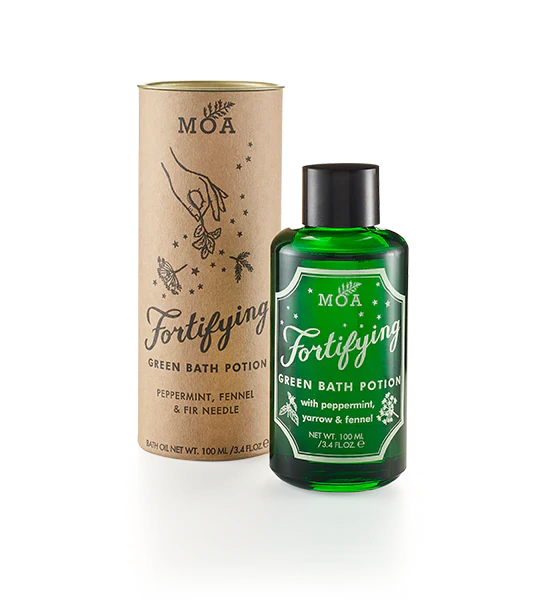 The Every Space organic and vegan Fortifying Green Bath Potion 100ml bottle of bath soak with peppermint, fennel, fir needle, yarrow and sweet birch by MOA