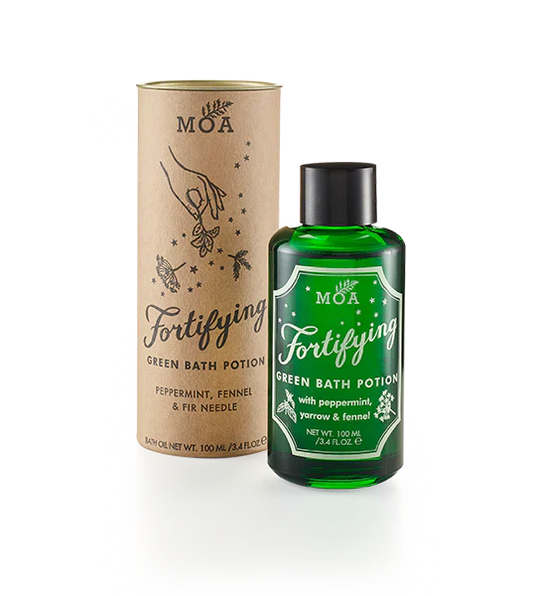 The Every Space organic and vegan Fortifying Green Bath Potion 100ml bottle of bath soak with peppermint, fennel, fir needle, yarrow and sweet birch by MOA