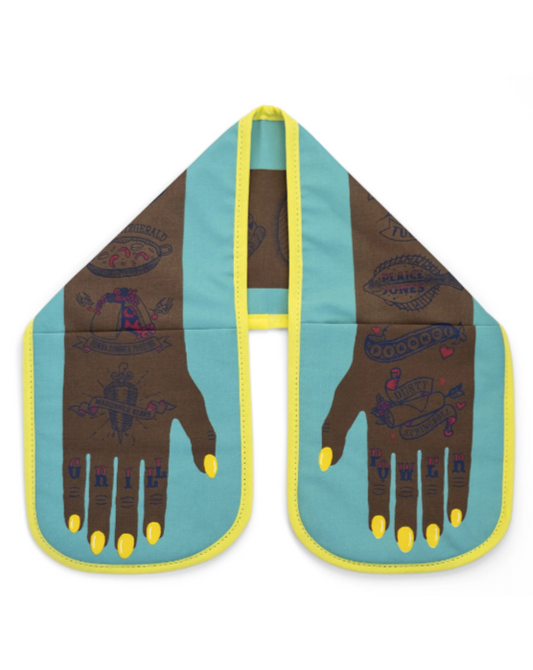 The Every Space 'Grill Power' double oven gloves in dark skin design by Stuart Gardiner
