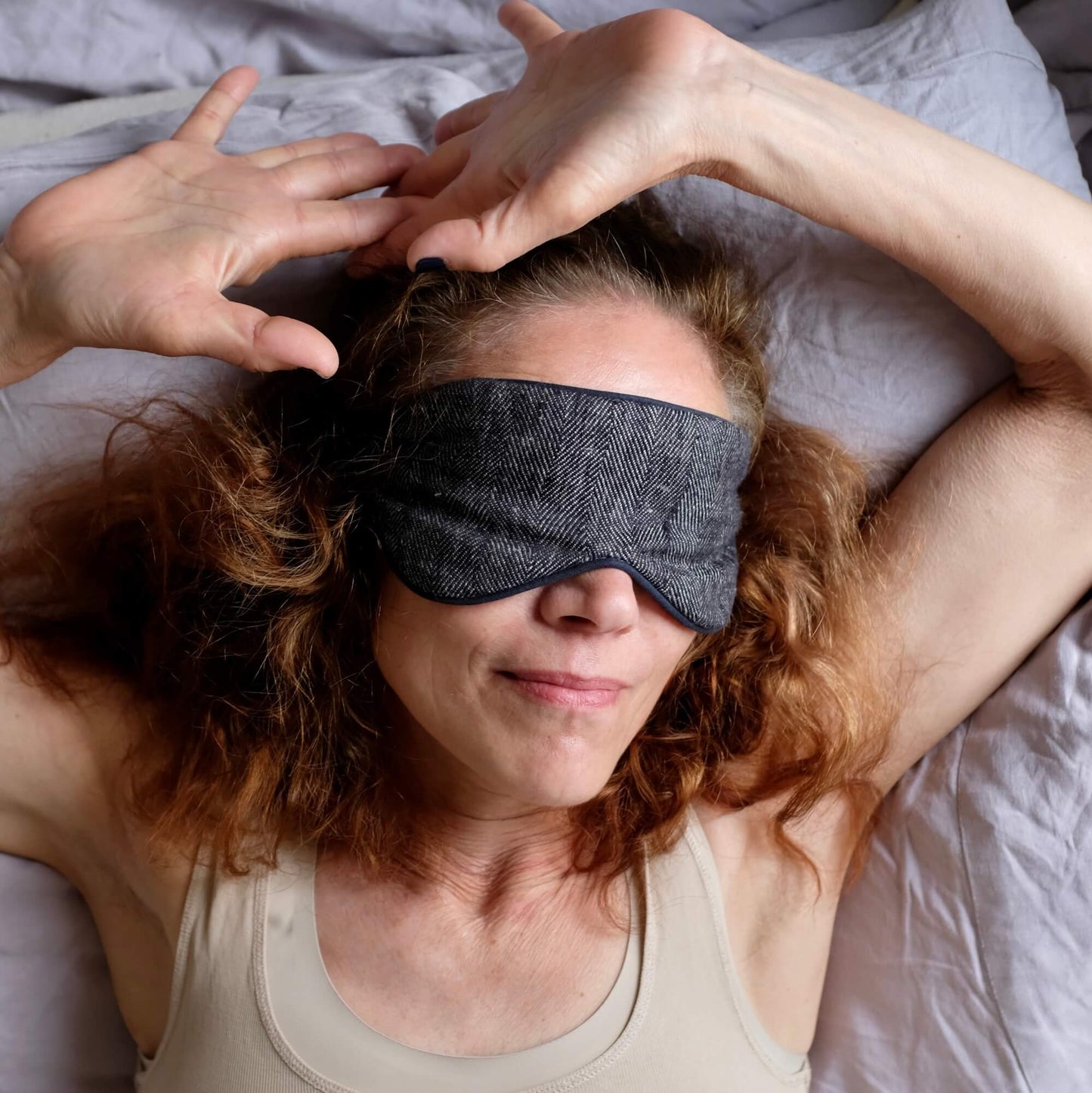 The Every Space dark grey Herringbone sleep Eye Mask in Linen and Merino wool by Blasta