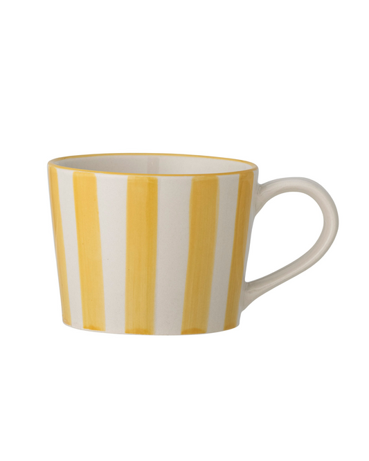 The Every Space stoneware Begonia Mug handpainted with yellow stripes by Bloomingville