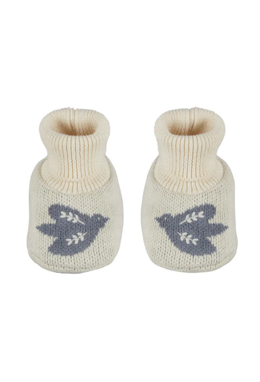 The Every Space cottagecore and folk style newborn and toddler Bird Slipper Socks in ivory cotton knit by Sophie Home