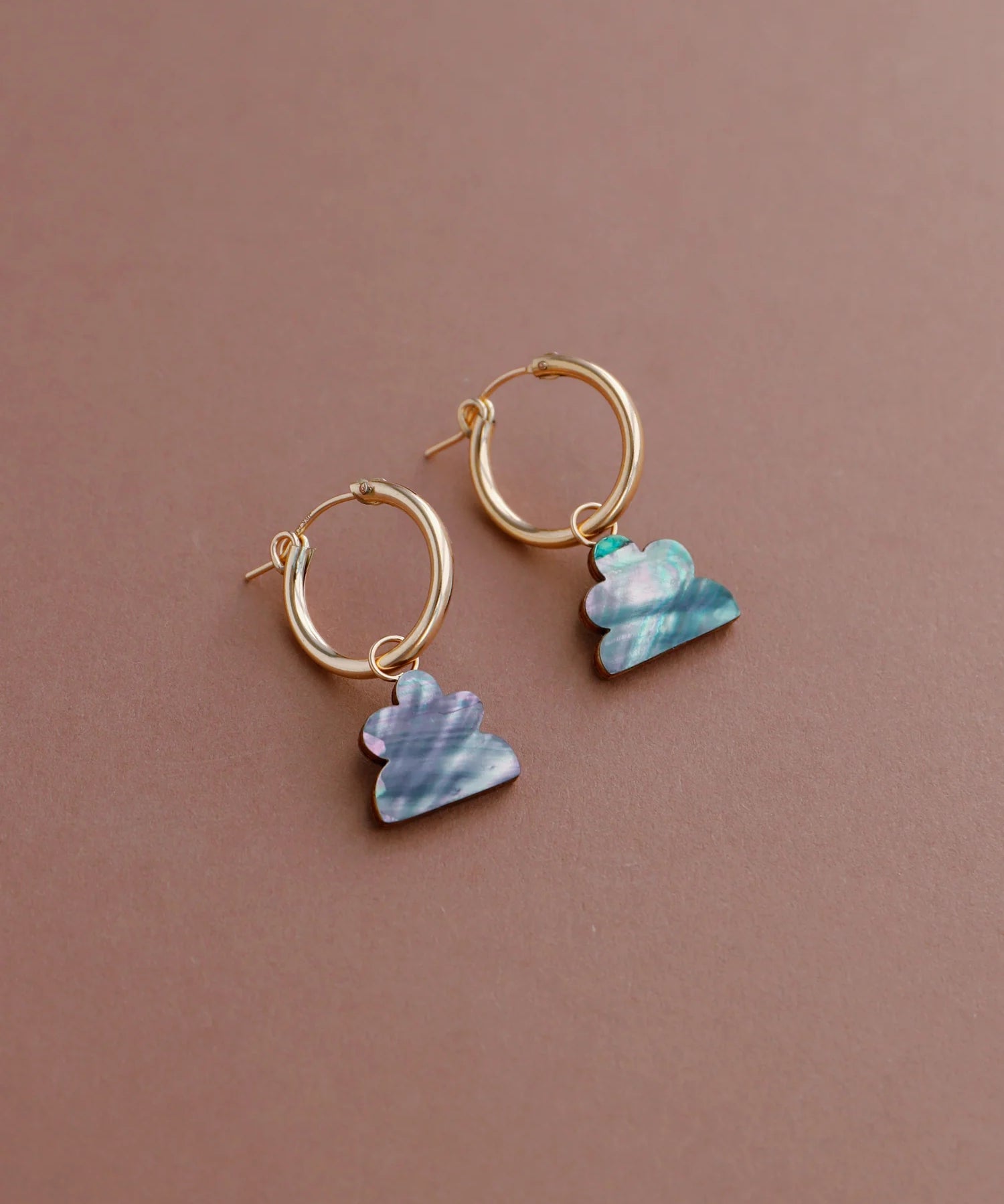 The Every Space Lena hoop earrings with gold filled hoops and iridescent shell veneer charms by Wolf & Moon