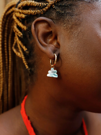 The Every Space Lena hoop earrings with gold filled hoops and iridescent shell veneer charms by Wolf & Moon