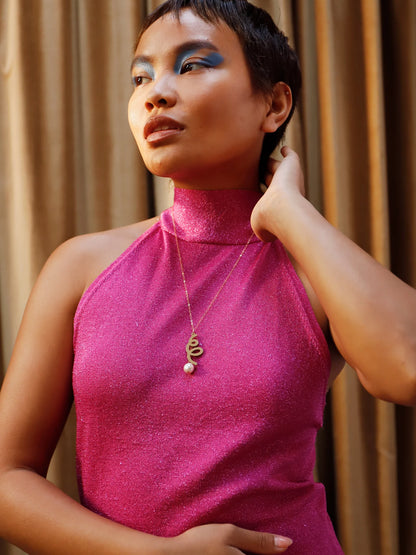 The Every Space Lola necklace with gold filled chain and brass & glass purl pendant by Wolf & Moon