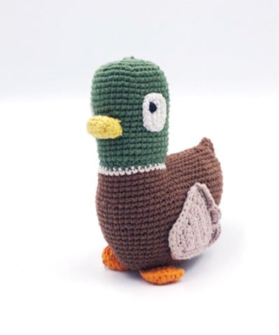 The Every Space handmade new baby green and brown Mallard Duck Rattle crocheted in organic cotton with polyester fill by Pebble Child
