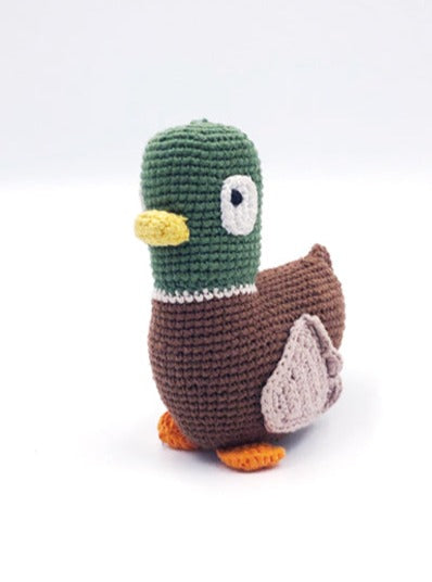 The Every Space handmade new baby green and brown Mallard Duck Rattle crocheted in organic cotton with polyester fill by Pebble Child