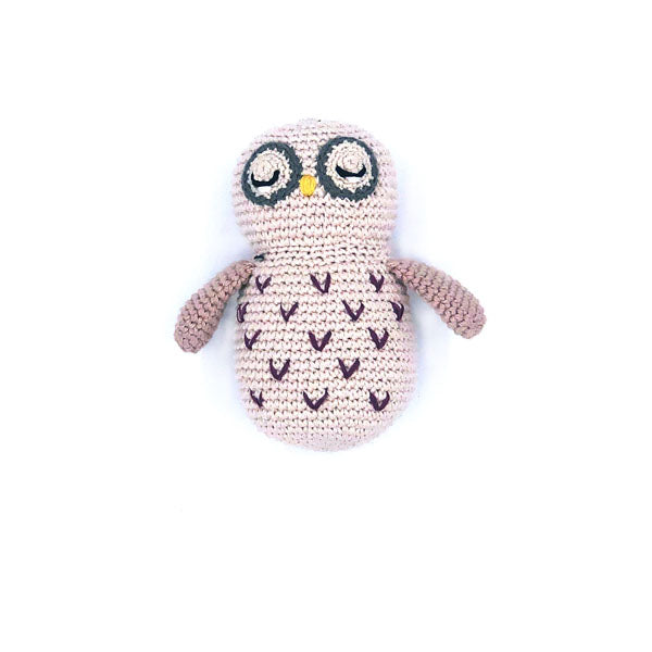 The Every Space handmade new baby Owl Rattle crocheted in organic cotton with polyester fill by Pebble Child