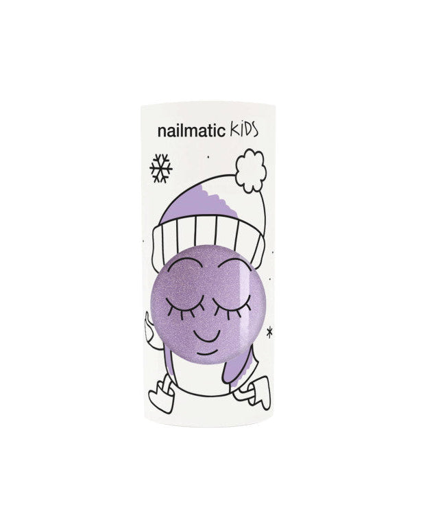 Piglou Lilac Glitter water-based nail polish by Nailmatic, featuring a cartoon character design on the label.