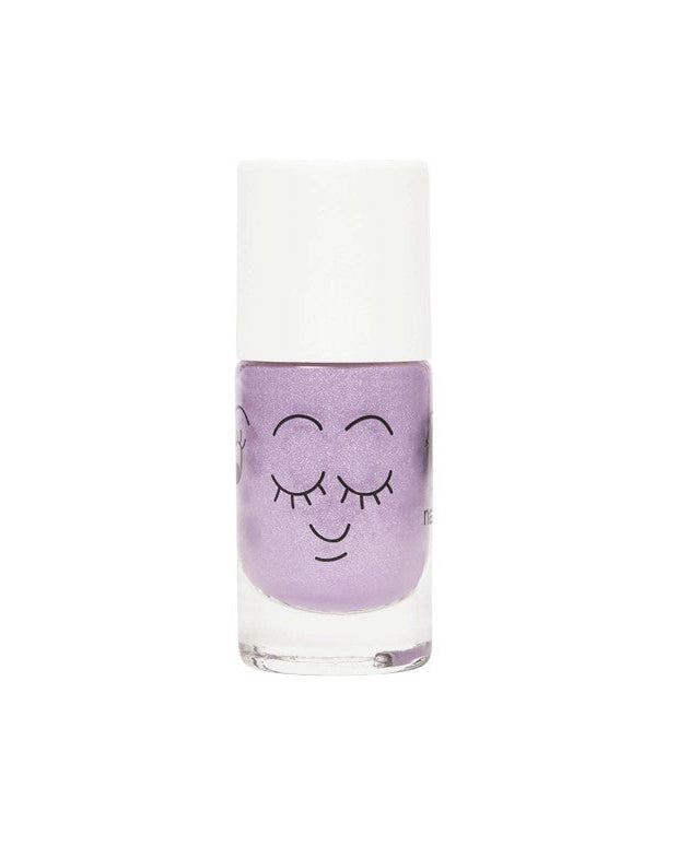 Piglou Lilac Glitter water-based nail polish by Nailmatic, featuring a cartoon character design on the label.