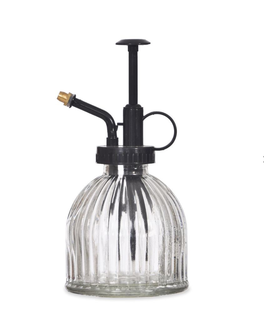 The Every Space glass plant mister with plastic spray and brass tip by Garden Trading