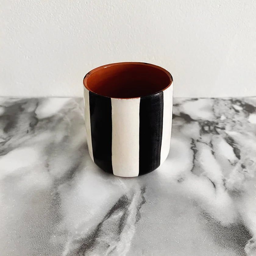 The Every Space Shot black & white vertical stripe ceramic tumbler by Casa Cubista