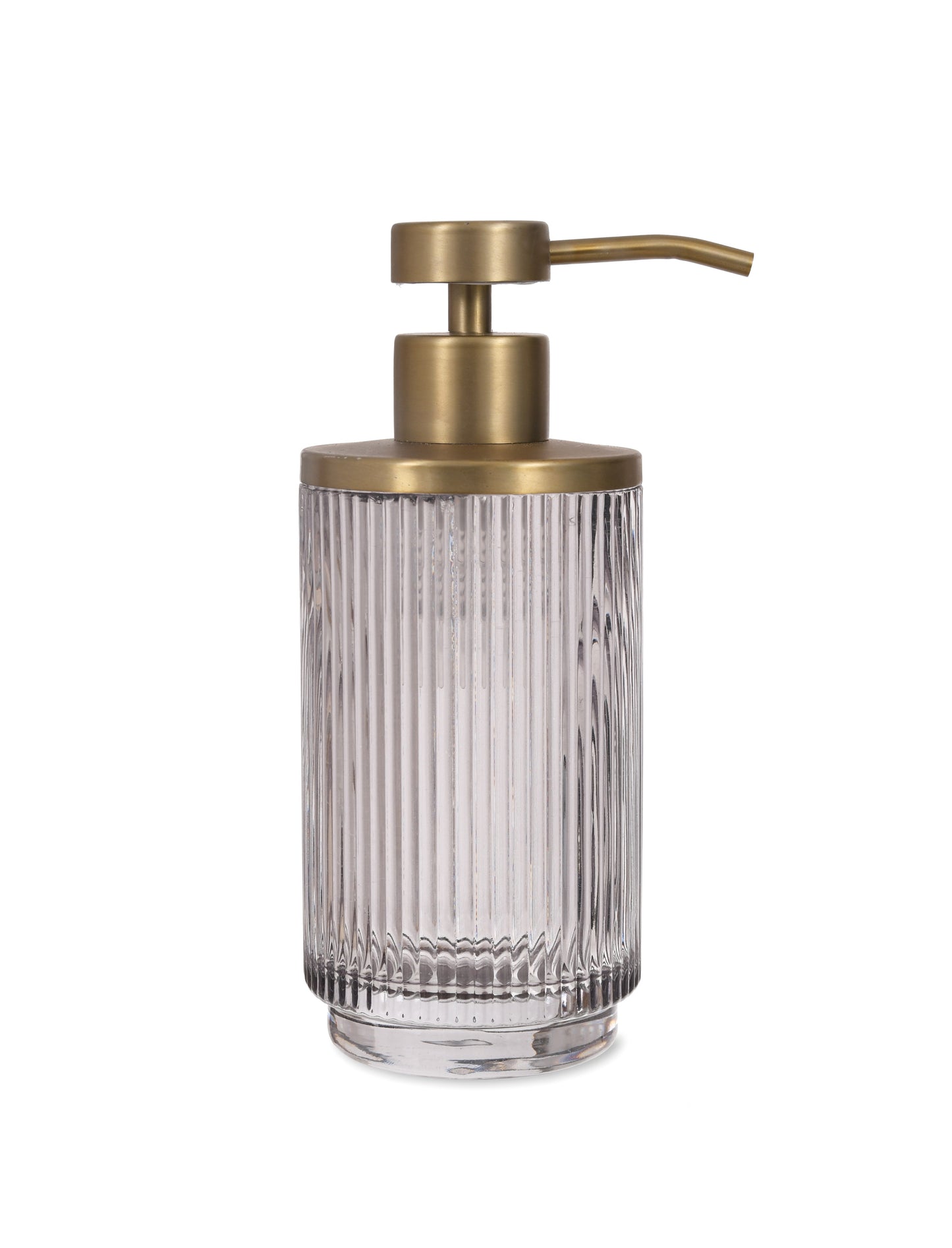 The Every Space Adelphi Soap Dispenser with smoked glass body and brass details by Garden Trading Co.
