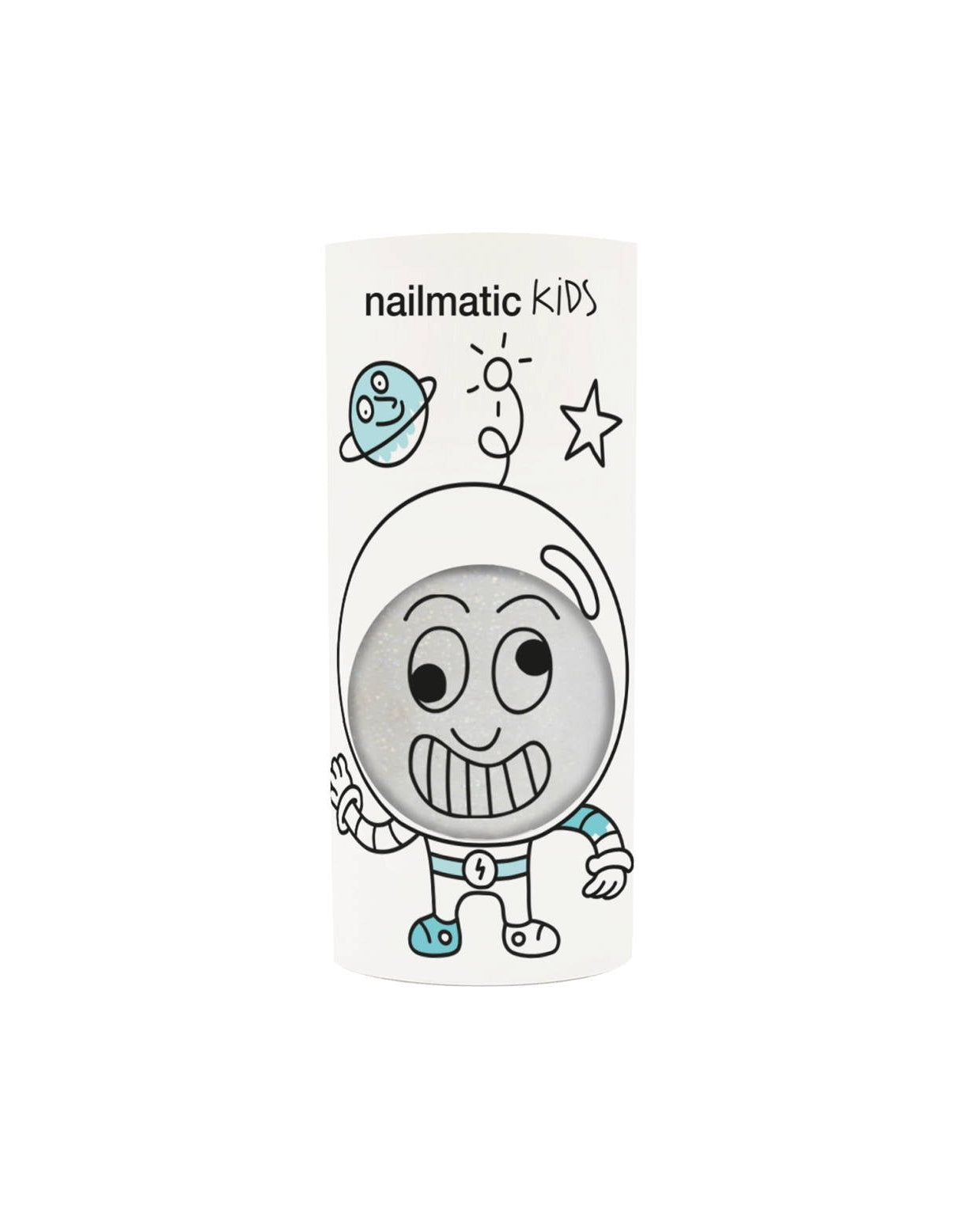 Super White Glitter water-based nail polish by Nailmatic, featuring a cartoon character design on the label.