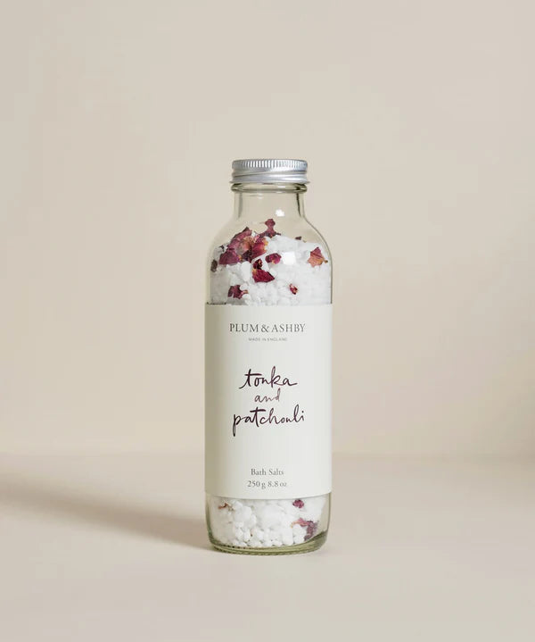 The Every Space Tonka and Patchouli Bath Salts enriched with mineral-rich natural salts by Plum & Ashby