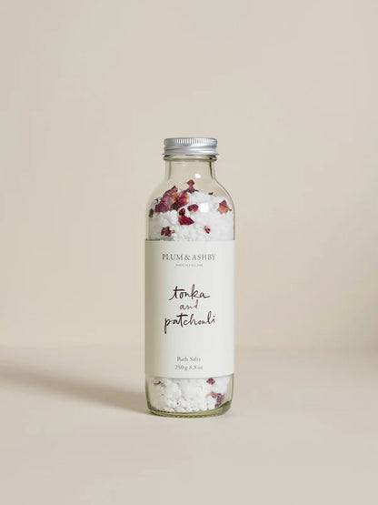 The Every Space Tonka and Patchouli Bath Salts enriched with mineral-rich natural salts by Plum & Ashby