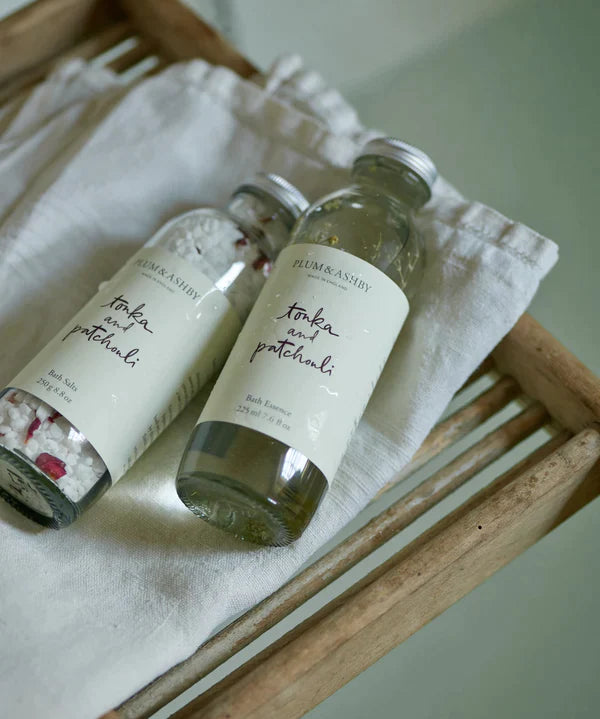 The Every Space Tonka and Patchouli Bath Salts enriched with mineral-rich natural salts by Plum & Ashby
