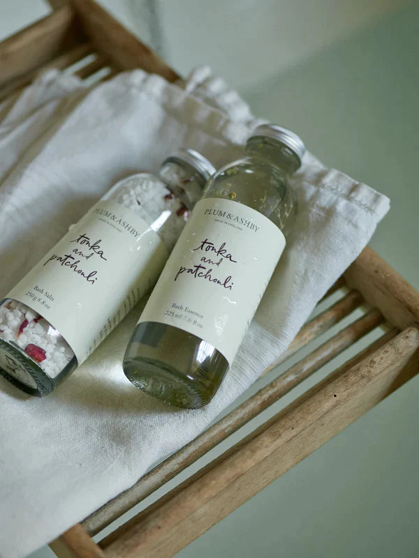 The Every Space Tonka and Patchouli Bath Salts enriched with mineral-rich natural salts by Plum & Ashby